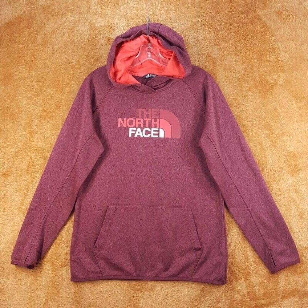 THE NORTH FACE Womens Hoodie Large Maroon Thumbhole Sweatshirt HALF DOME Logo